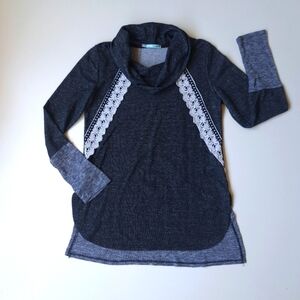 Maurice Women's Long Sleeve High Neck Blouse Gray Size M embroidered‎ details